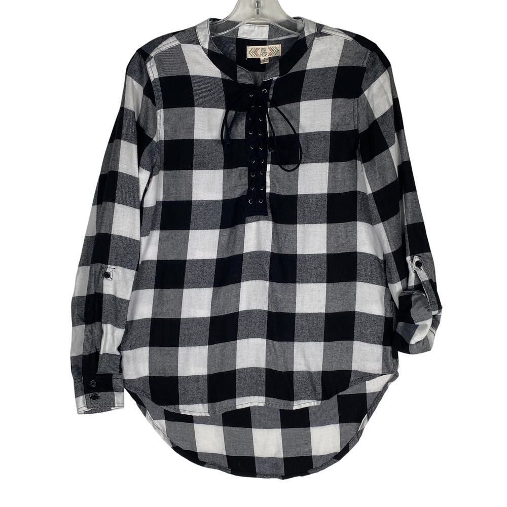 Pink Rose Buffalo Plaid Lace Up Tunic Top S Black White Grunge Y2K Feminine